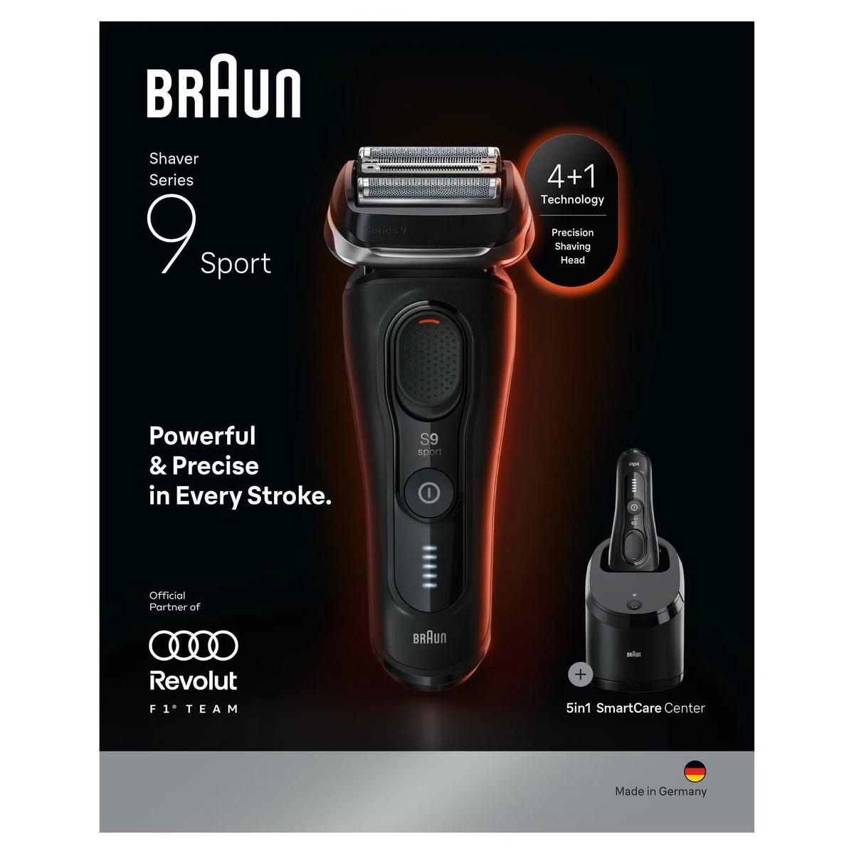 Black Braun Series 9 Sport electric shaver with 4+1 shaving head and 5in1 SmartCare cleaning station on a dark background.