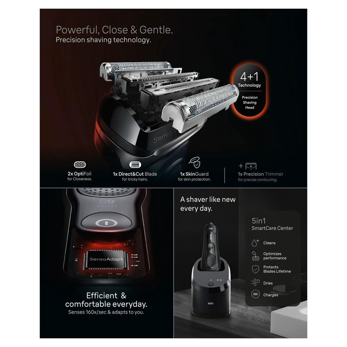 Braun Series 9 Sport electric shaver featuring 4+1 shaving head technology, SensoAdapt sensor, and 5in1 SmartCare Center.