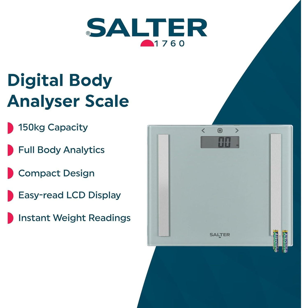 Silver Salter digital body analyser scale with a slim glass platform, LCD display, and two included batteries.