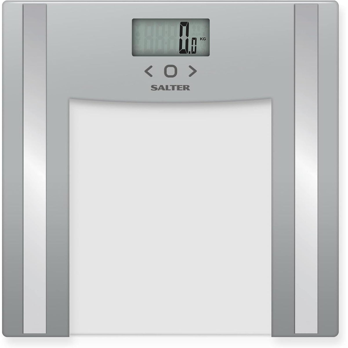 Silver Salter glass bathroom analyser scale with a digital display, touch buttons, and metallic side accents.