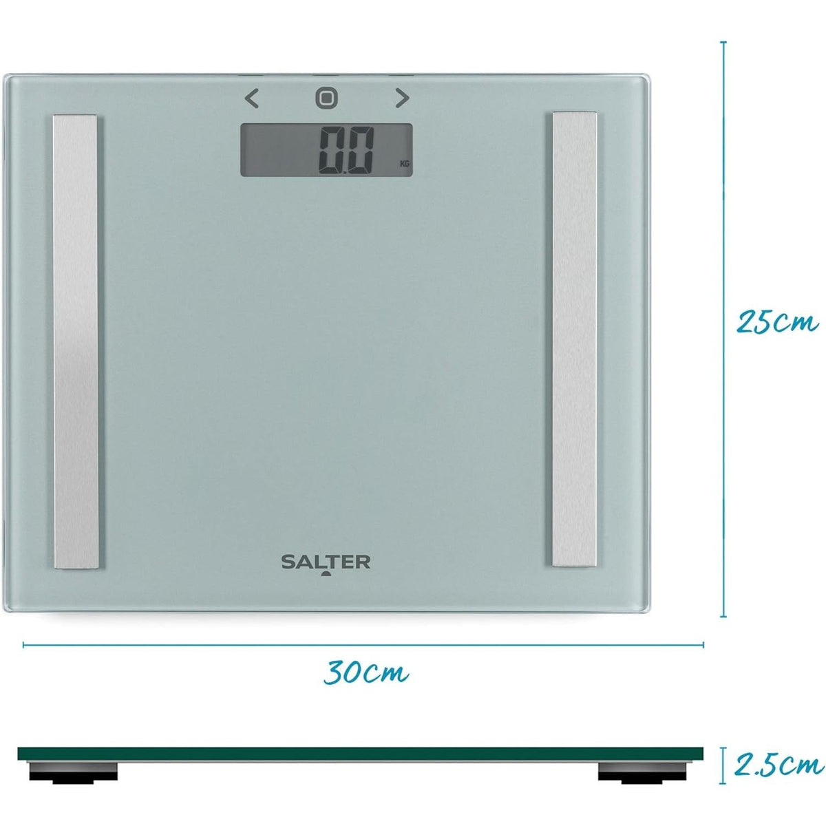 Slim silver Salter digital bathroom scale with glass top, metallic sensor strips, and clear LCD display showing 25x30cm size.