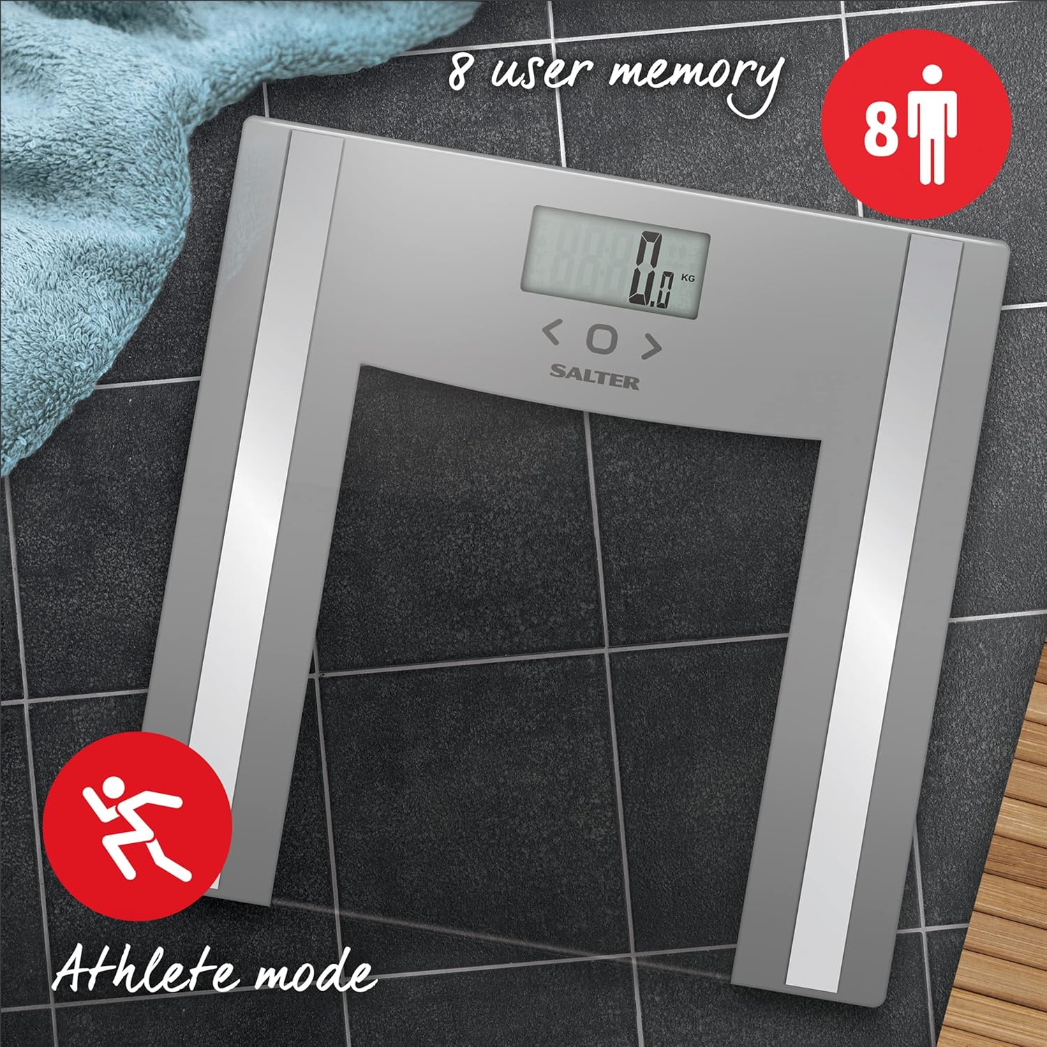 Salter 9182 SV3R Glass Analyser Scale, 150kg Capacity, Measures Body Fat/Water, Muscle/Bone Mass, BMI, 8 User Memory, Athlete Mode, Silver