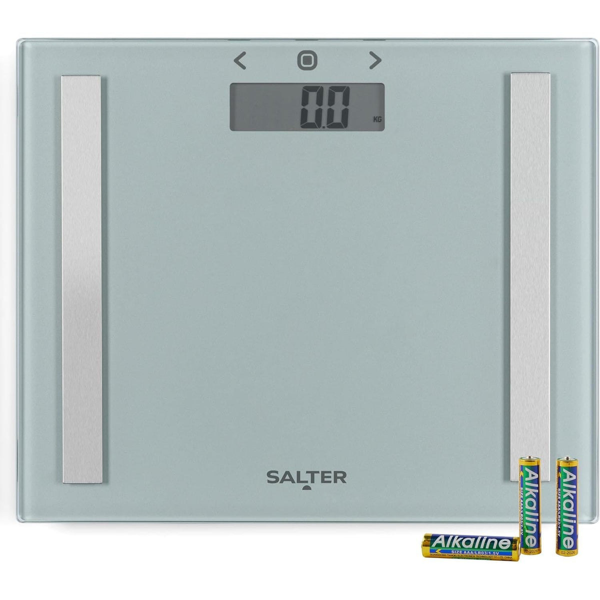 Slim silver Salter digital body analyser scale with a glass platform, LCD display, and three included alkaline batteries.